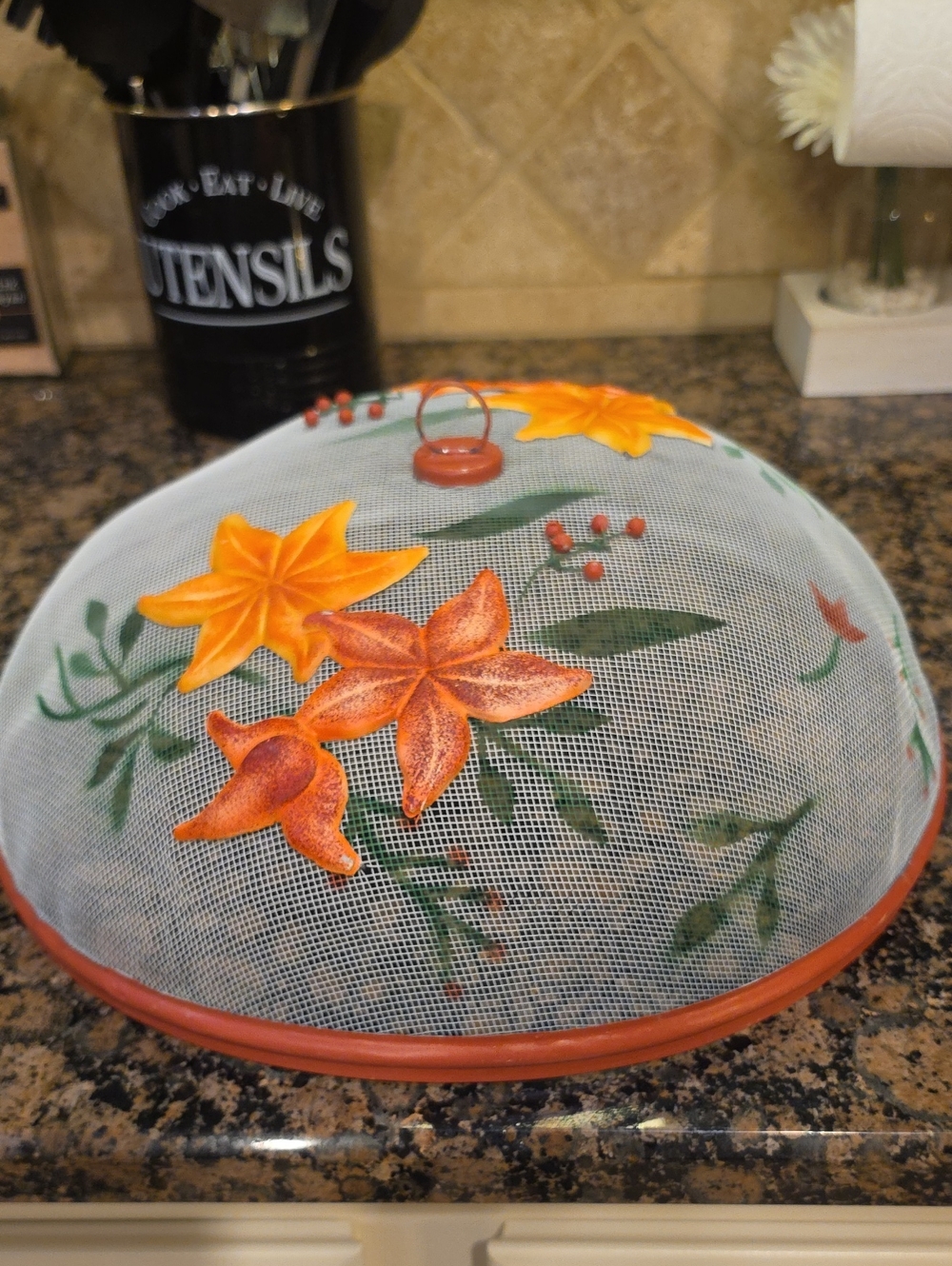 Vintage Decorative Orange Floral Mesh Food Cover - Home Accents